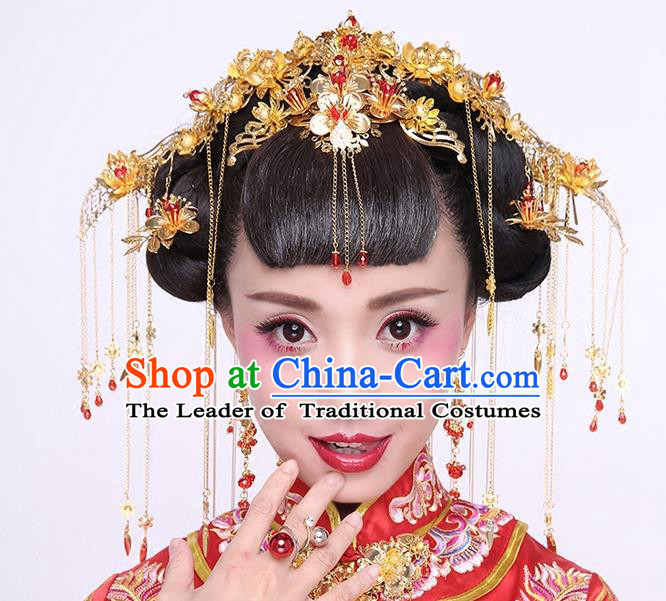 Chinese Ancient Style Hair Jewelry Accessories Wedding Phoenix Coronet Complete Set, Hanfu Xiuhe Suits Step Shake Bride Tuinga Handmade Hairpins for Women