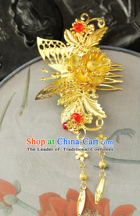 Chinese Ancient Style Hair Jewelry Accessories Wedding Butterfly Hairpins, Hanfu Xiuhe Suits Step Shake Bride Handmade Hair Comb for Women