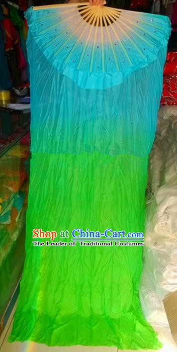 Pure Silk Traditional Chinese Fans Oriental Long Ribbon Fan Folk Dance Cultural Yanko Dance Green Hand Fan