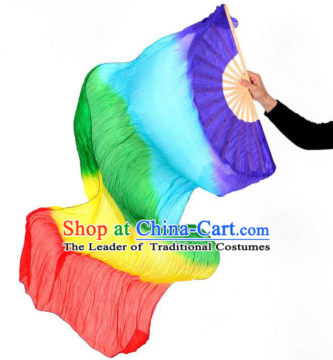 Pure Silk Traditional Chinese Fans Oriental Colorful Long Ribbon Fan Folk Dance Cultural Yanko Dance Hand Fan