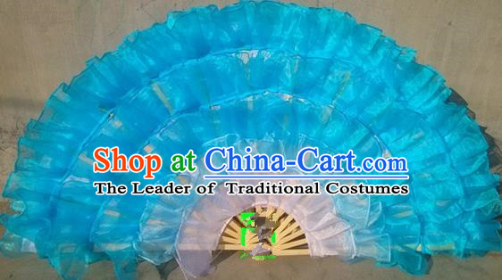 Pure Silk Traditional Chinese Fans Oriental Blue Ribbon Fan Folk Dance Cultural Yanko Dance Hand Fan