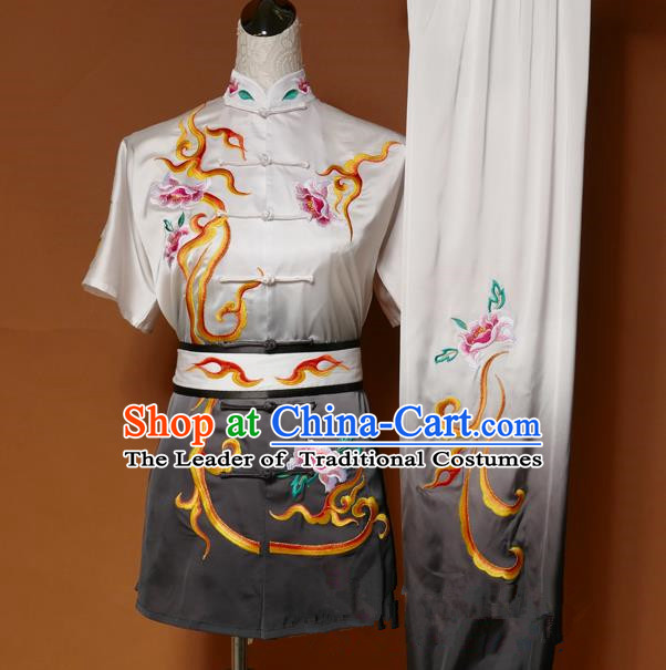 Top Grade Kung Fu Costume Asian Chinese Martial Arts Tai Chi Training Black Uniform, China Embroidery Peony Gongfu Shaolin Wushu Clothing for Women