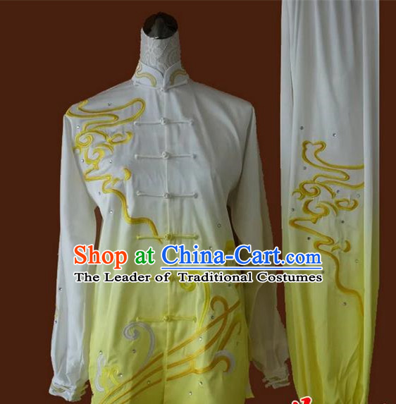 Asian Chinese Top Grade Silk Kung Fu Costume Martial Arts Tai Chi Training Suit, China Embroidery Gongfu Shaolin Wushu Gradient Yellow Uniform for Women