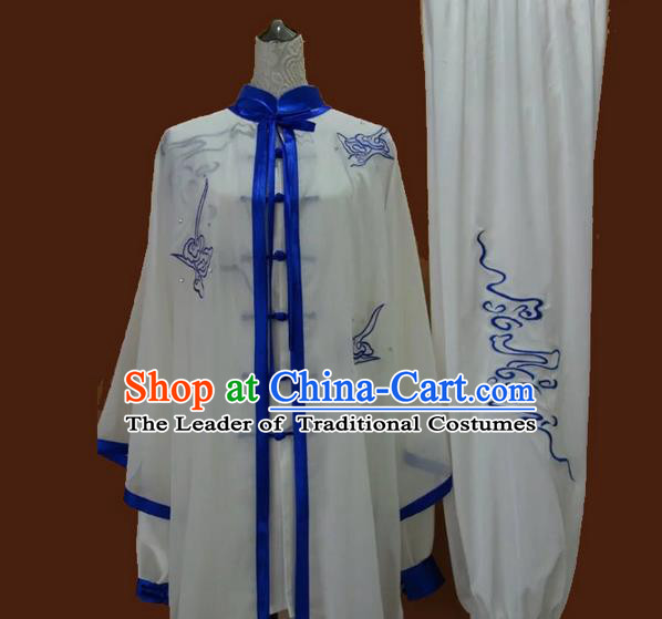 Asian Chinese Top Grade Silk Kung Fu Costume Martial Arts Tai Chi Training Suit, China Gongfu Shaolin Wushu Embroidery Blue Uniform for Women