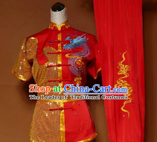 Asian Chinese Top Grade Silk Kung Fu Costume Martial Arts Tai Chi Training Suit, China Gongfu Shaolin Wushu Embroidery Dragon Red Uniform for Men