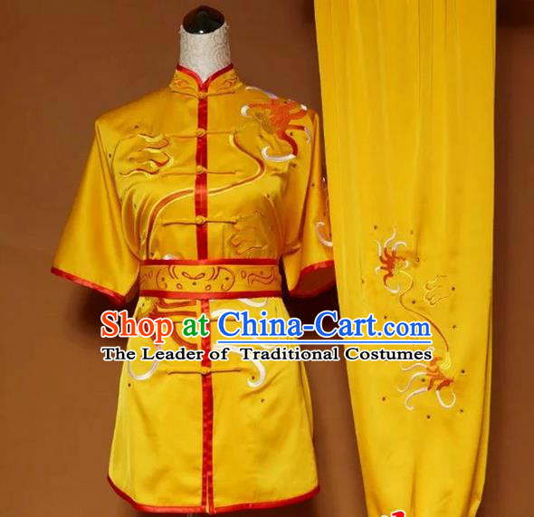 Asian Chinese Top Grade Silk Kung Fu Costume Martial Arts Tai Chi Training Suit, China Gongfu Shaolin Wushu Yellow Embroidery Uniform for Women