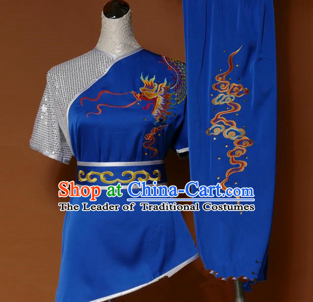 Top Grade Kung Fu Costume Asian Chinese Martial Arts Tai Chi Training Blue Uniform, China Embroidery Dragon Gongfu Shaolin Wushu Clothing for Men