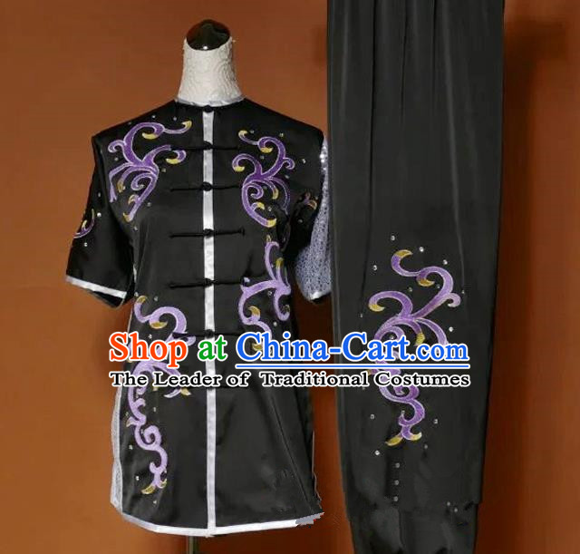 Top Grade Kung Fu Costume Asian Chinese Martial Arts Tai Chi Training Black Uniform, China Embroidery Purple Paillette Gongfu Shaolin Wushu Clothing for Women