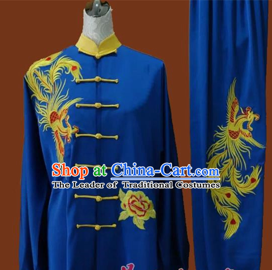 Top Grade Kung Fu Silk Costume Asian Chinese Martial Arts Tai Chi Training Blue Uniform, China Embroidery Phoenix Gongfu Shaolin Wushu Clothing for Men for Women