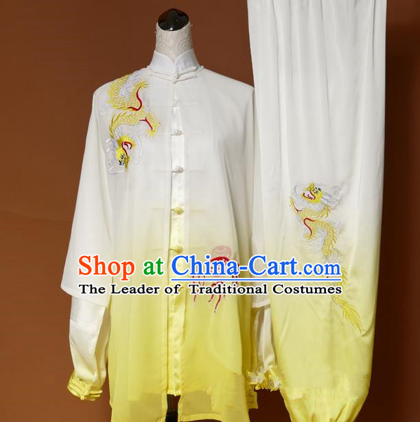 Top Grade Kung Fu Silk Costume Asian Chinese Martial Arts Tai Chi Training Gradient Yellow Uniform, China Embroidery Dragon Gongfu Shaolin Wushu Clothing for Women