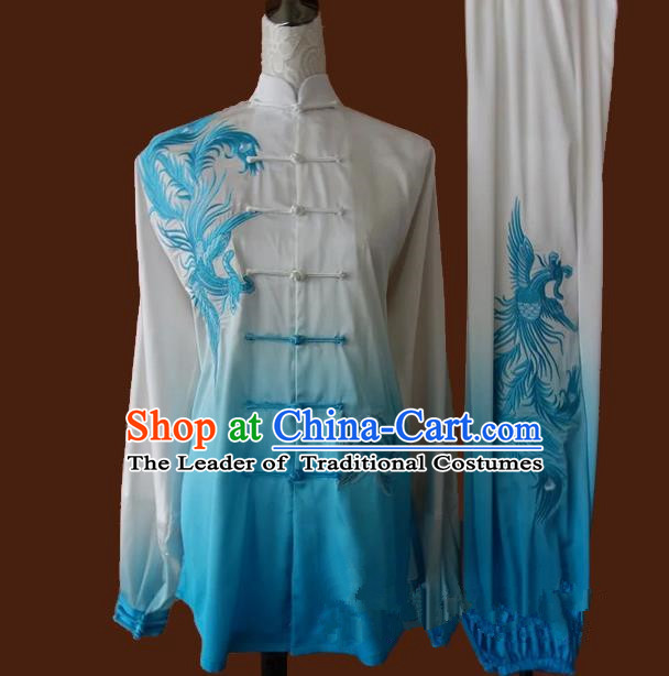 Top Grade Kung Fu Silk Costume Asian Chinese Martial Arts Tai Chi Training Gradient Blue Uniform, China Embroidery Phoenix Gongfu Shaolin Wushu Clothing for Women