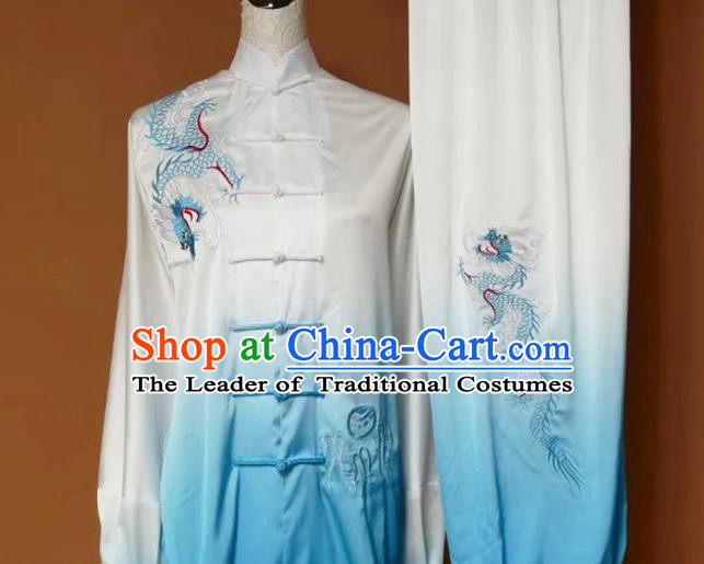 Top Grade Kung Fu Silk Costume Asian Chinese Martial Arts Tai Chi Training Gradient Blue Uniform, China Embroidery Dragon Gongfu Shaolin Wushu Clothing for Women