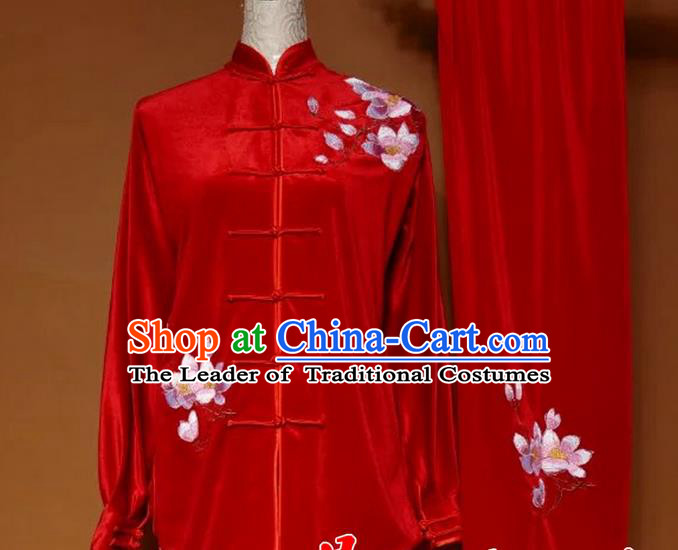 Top Grade Kung Fu Velvet Costume Asian Chinese Martial Arts Tai Chi Training Red Uniform, China Embroidery Magnolia Flower Gongfu Shaolin Wushu Clothing for Women