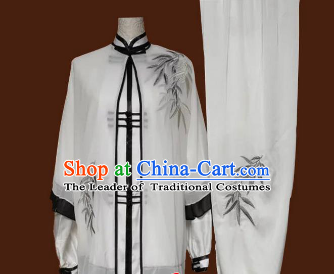 Asian Chinese Top Grade Silk Kung Fu Costume Martial Arts Tai Chi Training White Uniform, China Embroidery Bamboo Gongfu Shaolin Wushu Clothing for Women