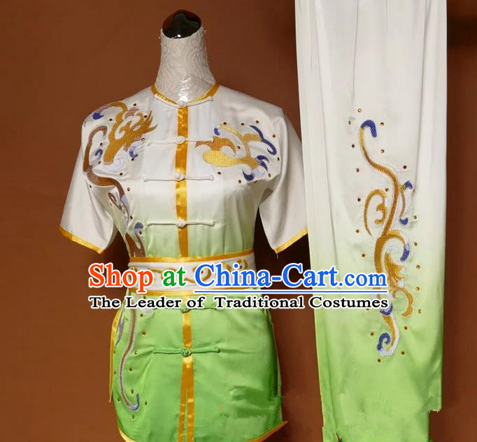 Asian Chinese Top Grade Silk Kung Fu Costume Martial Arts Tai Chi Training Gradient Green Uniform, China Embroidery Gongfu Shaolin Wushu Clothing for Women