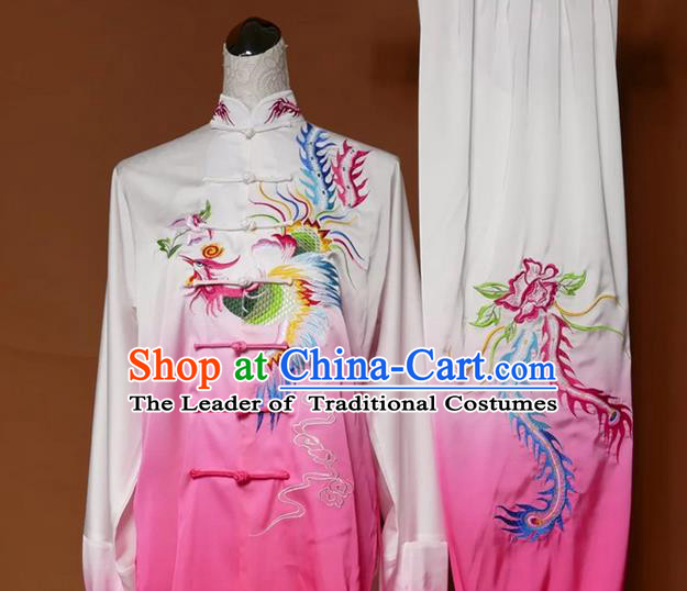 Asian Chinese Top Grade Silk Kung Fu Costume Martial Arts Tai Chi Training Gradient Pink Uniform, China Embroidery Phoenix Gongfu Shaolin Wushu Clothing for Women