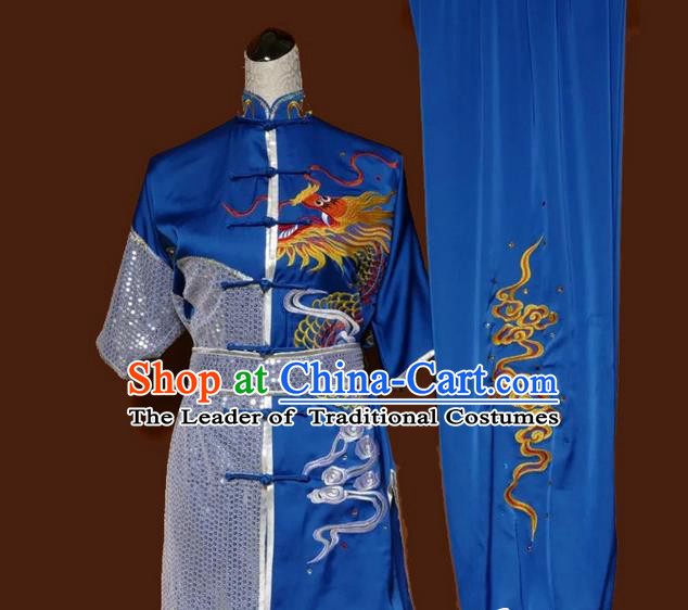 Asian Chinese Top Grade Silk Kung Fu Costume Martial Arts Tai Chi Training Blue Suit, China Embroidery Dragon Gongfu Shaolin Wushu Uniform for Men