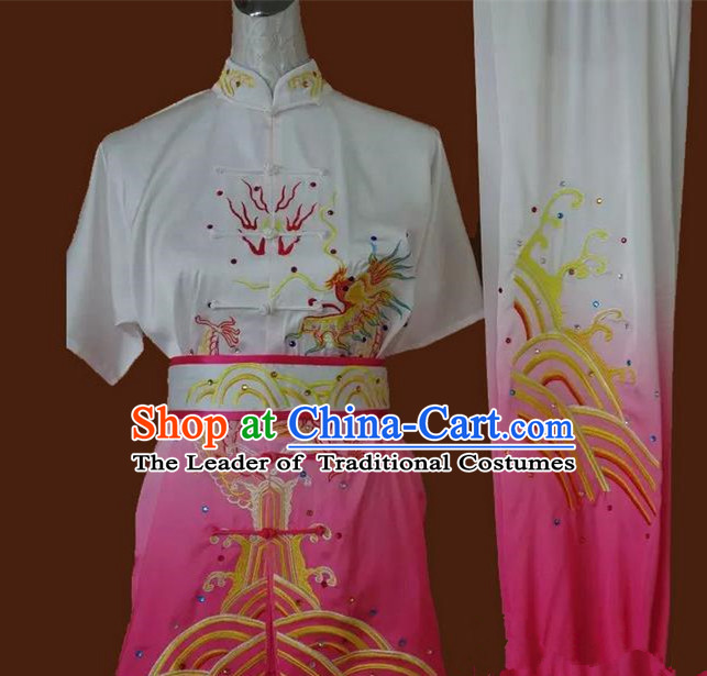 Asian Chinese Top Grade Silk Kung Fu Costume Martial Arts Tai Chi Training Suit, China Gongfu Shaolin Wushu Embroidery Dragon Pink Uniform for Women