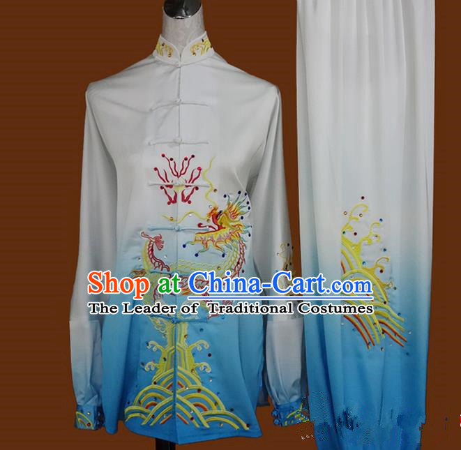 Asian Chinese Top Grade Silk Kung Fu Costume Martial Arts Tai Chi Training Suit, China Gongfu Shaolin Wushu Embroidery Dragon Long Sleeve Blue Uniform for Women