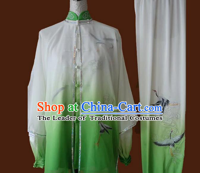 Asian Chinese Top Grade Silk Kung Fu Costume Martial Arts Tai Chi Training Suit, China Gongfu Shaolin Wushu Embroidery Crane Green Uniform for Men