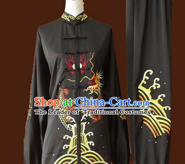 Asian Chinese Top Grade Silk Kung Fu Costume Martial Arts Tai Chi Training Suit, China Gongfu Shaolin Wushu Embroidery Dragon Black Uniform for Men