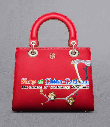 Traditional Handmade Asian Chinese Element Clutch Bags Shoulder Bag Embroidery Plum Blossom National Red Handbag for Women