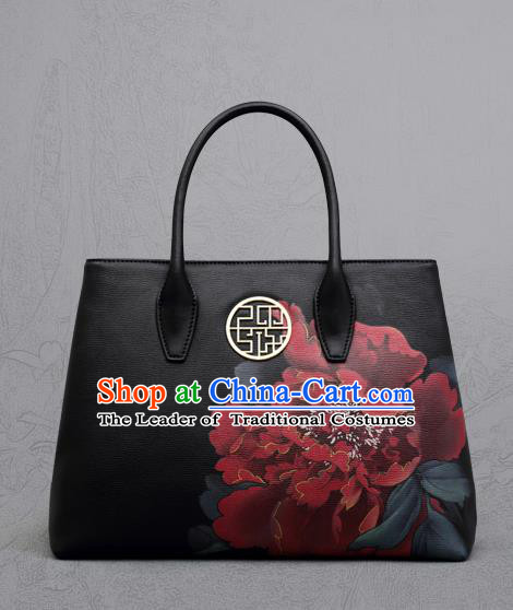 Traditional Handmade Asian Chinese Element Clutch Bags Shoulder Bag National Printing Peony Black Handbag for Women