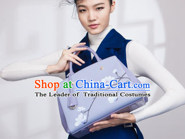 Traditional Handmade Asian Chinese Element Clutch Bags Shoulder Bag National Printing Mangnolia Flowers Lilac Handbag for Women