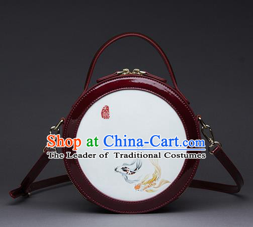 Traditional Handmade Asian Chinese Element Printing Messenger Bags Shoulder Bag National Red Round Handbag for Women