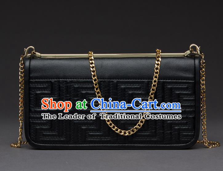 Traditional Handmade Asian Chinese Element Knurling Haversack Wallet National Handbag Black Chain Purse for Women