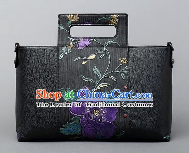 Traditional Handmade Asian Chinese Element Knurling Clutch Bags Shoulder Bag National Black Leather Handbag for Women