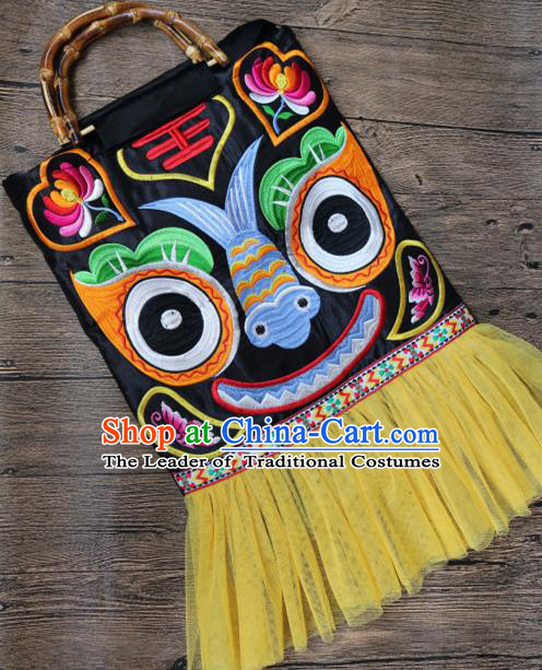 Traditional Handmade Chinese National Embroidery Bamboo Handle Bags Miao Nationality Embroidered Tiger Handbag for Women