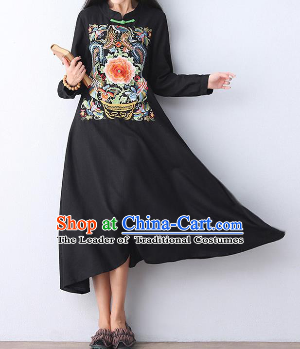 Traditional Chinese National Costume Linen Long Cheongsam Dress, Elegant Hanfu Tang Suit Embroidery Black Dress for Women