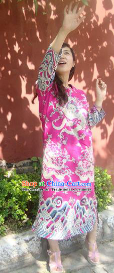 Traditional Chinese National Costume Linen Long Robes, Elegant Hanfu Tang Suit Printing Dragon Pink Dress for Women