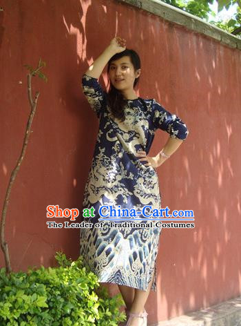 Traditional Chinese National Costume Linen Long Robes, Elegant Hanfu Tang Suit Printing Dragon Navy Dress for Women