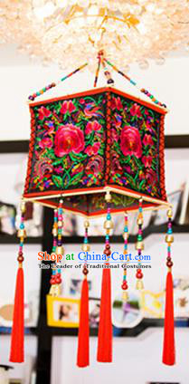 Traditional Handmade Chinese National Lampshade Embroidery Miao Nationality Red Lamp Screen