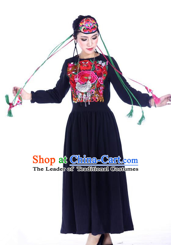 Traditional Chinese National Costume Linen Long Dress, Elegant Hanfu Embroidered Tang Suit Blue Dress for Women