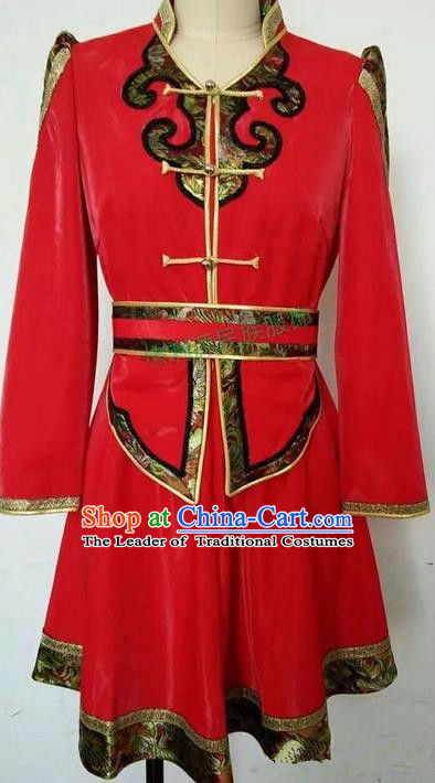 Traditional Chinese Mongol Nationality Dance Costume Red Mongol Robes, Chinese Children Mongolian Minority Nationality Embroidery Dress Clothing for Women