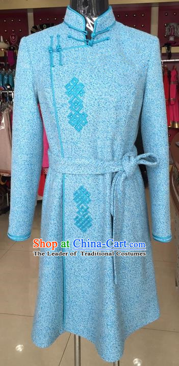 Traditional Chinese Mongol Nationality Dance Costume Wool Mongol Robe, China Mongolian Minority Nationality Blue Dress Clothing for Women