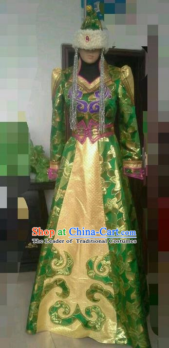 Traditional Chinese Mongol Nationality Dance Costume Handmade Green Queen Mongolian Robe, China Mongolian Minority Nationality Dress Clothing for Women