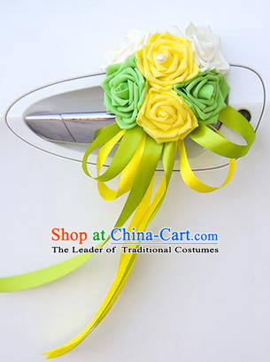 Top Grade Wedding Accessories Decoration, China Style Wedding Car Ornament Six Flowers Bride Green and Yellow Rose Ribbon Garlands