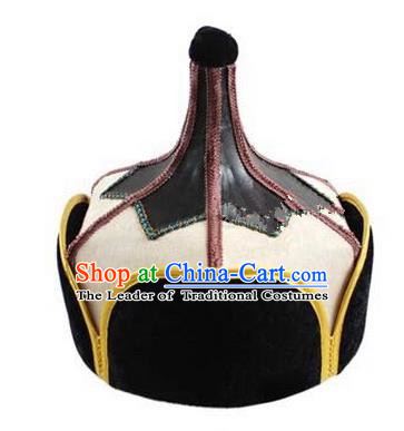 Traditional Handmade Chinese Mongol Nationality Dance Headwear Beige Suede Fabric Hat, China Mongolian Minority Nationality Prince Headpiece for Men