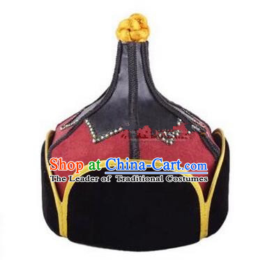 Traditional Handmade Chinese Mongol Nationality Dance Headwear Red Suede Fabric Hat, China Mongolian Minority Nationality Prince Headpiece for Men