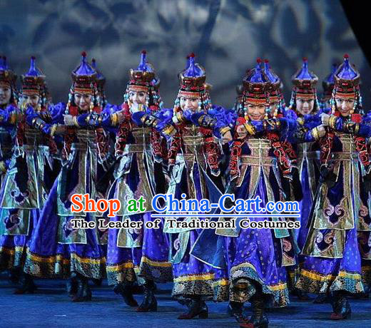 Traditional Chinese Mongol Nationality Dance Costume Handmade Queen Mongolian Robe, China Mongolian Minority Nationality Bride Wedding Blue Dress Clothing for Women