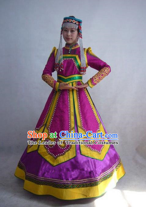 Traditional Chinese Mongol Nationality Dance Costume Handmade Princess Mongolian Robe, China Mongolian Minority Nationality Rosy Dress Clothing for Women