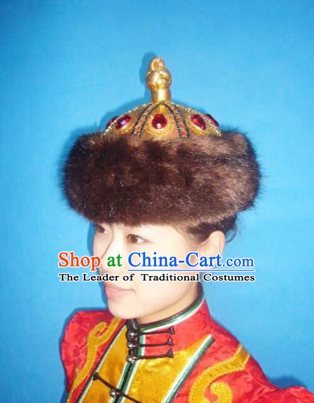 Traditional Handmade Chinese Mongol Nationality Dance Headwear Royal Prince Hat, China Mongolian Minority Nationality Headpiece for Men