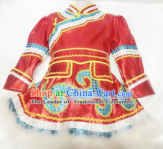 Traditional Chinese Mongol Nationality Dance Costume Handmade Embroidery Red Mongolian Robe, China Mongolian Minority Nationality Dress for Kids