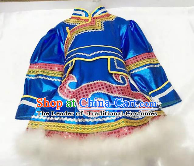 Traditional Chinese Mongol Nationality Dance Costume Handmade Embroidery Blue Mongolian Robe, China Mongolian Minority Nationality Dress for Kids