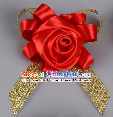 Top Grade Wedding Accessories Decoration Corsage, China Style Wedding Car Ornament Red Rose Flowers Bride Bridegroom Golden Ribbon Brooch