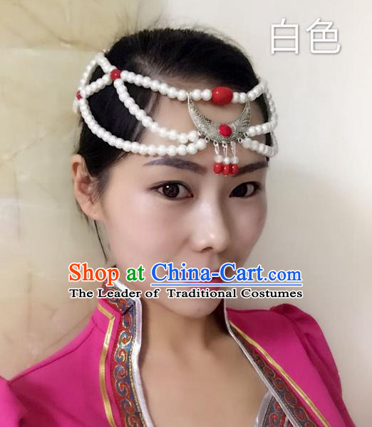 Traditional Handmade Chinese Mongol Nationality Handmade Sliver White Beads Headband, China Mongols Mongolian Minority Nationality Wedding Bride Tassel Headwear Headpiece for Women